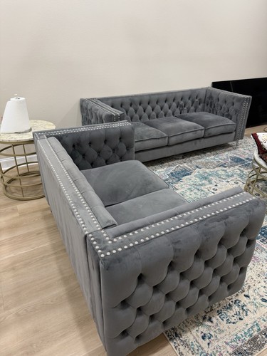 Gray velvet tufted sofa set - velvet,