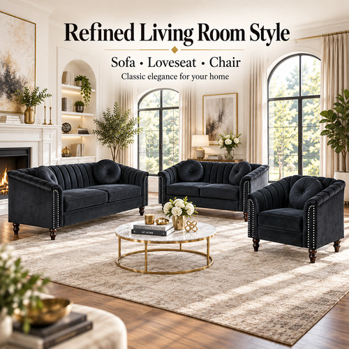 Black microfiber piece couch - 3-piece,